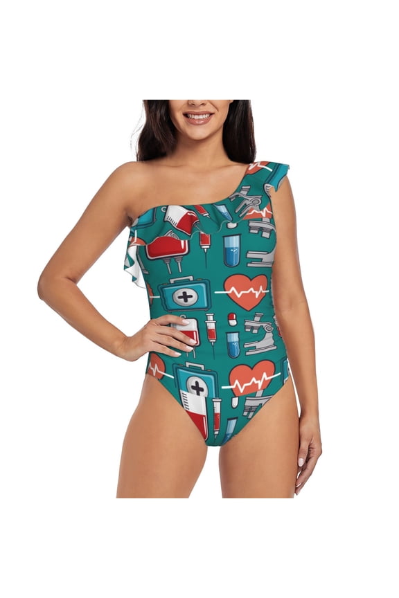 Medical Elements Print One-shoulder Ruffled One-piece Swimsuit with Removable Chest Pads and Tummy-control Swimsuit for Women-Small