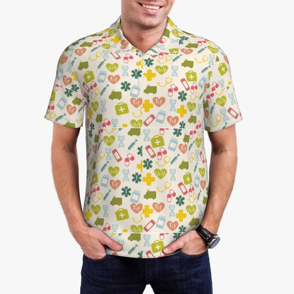 Gukieu Medical Icons Print Men's Quick-drying POLO Shirt, Button-down Summer T-shirt, Suitable for Work and Outdoor Activities-Small