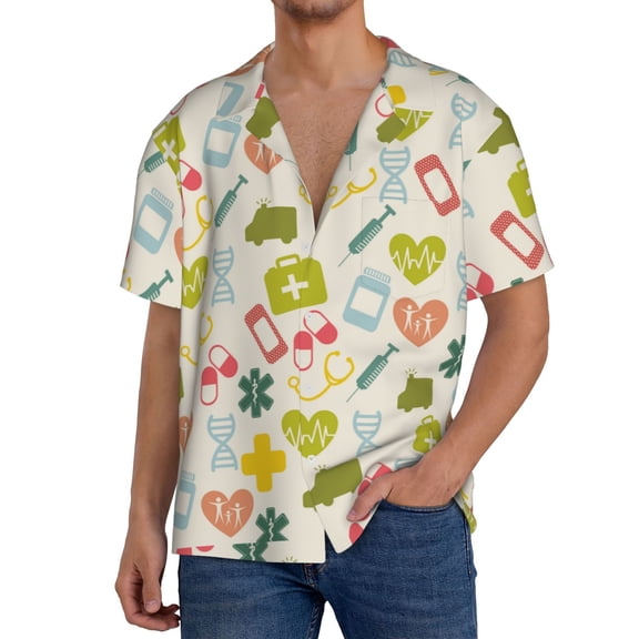 Gukieu Medical Icons Print Men's Short-sleeved Shirts, Button-down Pocket Shirts, T-shirts, Beach Vacation Travel Summer Clothing-Small