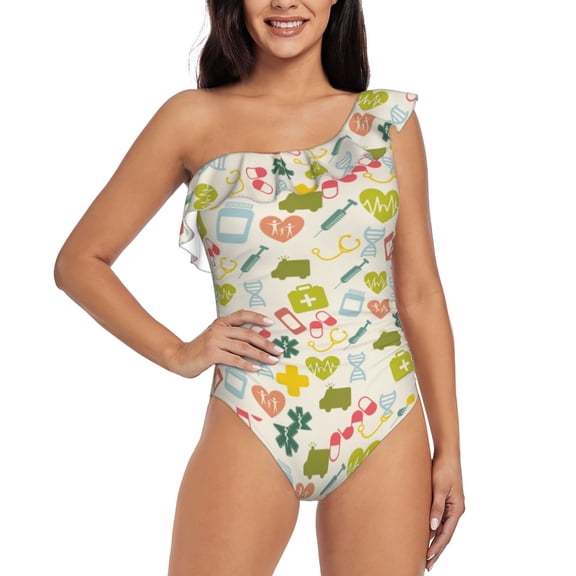 Gukieu Medical Icons Print One-shoulder Ruffled One-piece Swimsuit with Removable Chest Pads and Tummy-control Swimsuit for Women-Large
