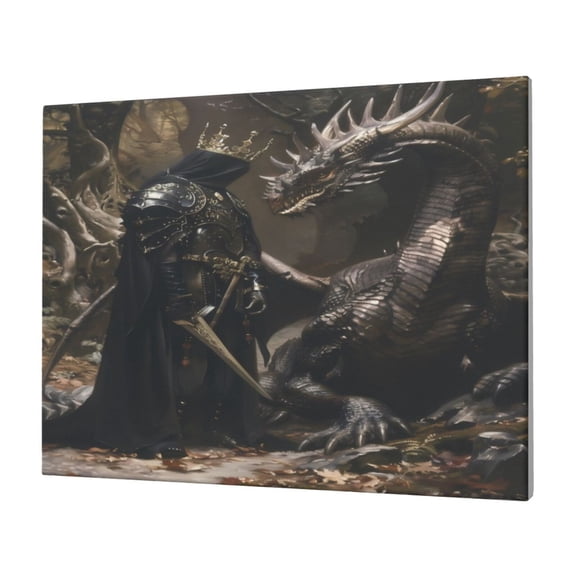 Gukieu Medieval Knight And Dragon Print Horizontal Canvas Decorative Painting 12x16 Inch Shrinkage Resistant Frame Hanging Home Wall Art Decor