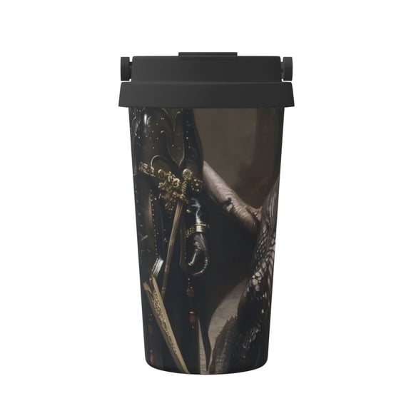 Gukieu Medieval Knight And Dragon Print Insulated Coffee Cup, Portable Stainless Steel Vacuum Cup with Lid, Unisex, Suitable for Office, Cafe, Car