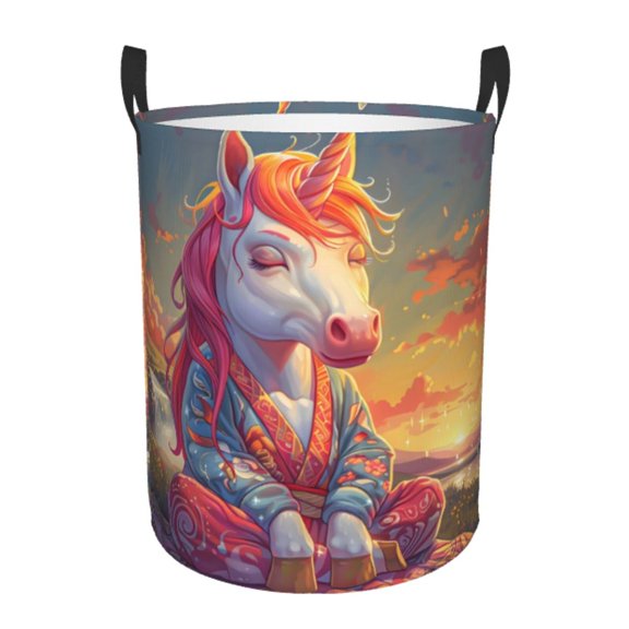 Gukieu Meditating Cute Horse Print Round Dirty Clothes Bag, Waterproof Standing Home Bathroom Storage Basket Car Trunk Storage Bag-Small