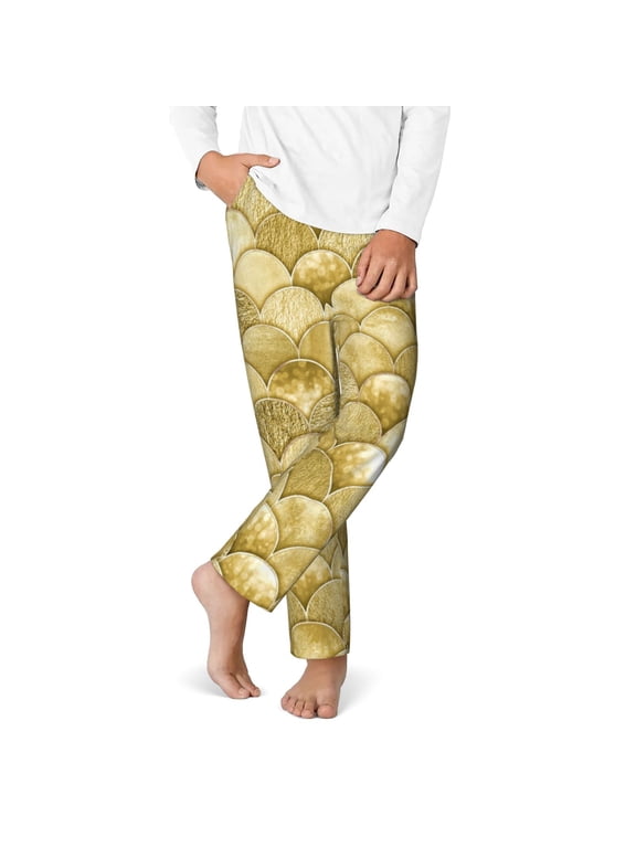 Mermaid Fish Scale Print Youth Home Trousers, Elastic Waistband with Pockets for Home and Outing, Suitable for Children Aged 5-16-XS(5-6)