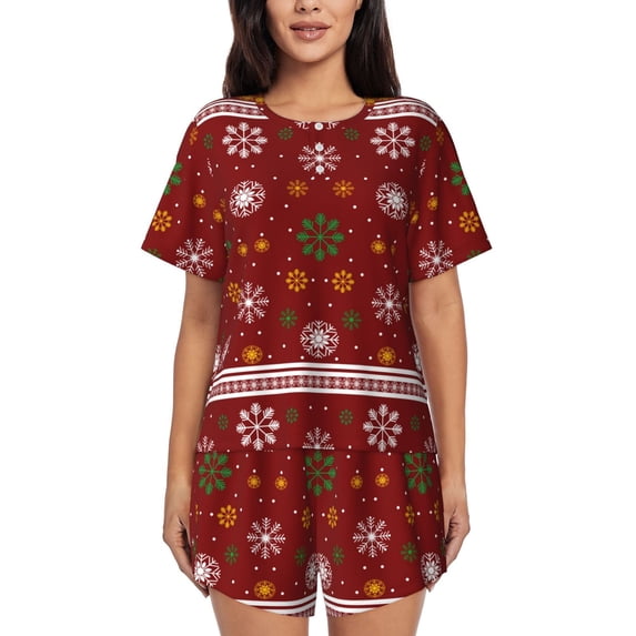 Gukieu Merry Christmas Print Women's Short-sleeved Pajama Set, Round Neck Button Top Elastic Shorts 2-piece Set, Summer Home Leisure Clothing-Medium