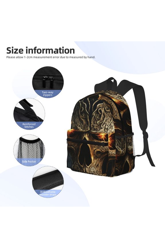 Metal Evil Skull Print Backpack, Waterproof Backpack with Adjustable Shoulder Straps, Suitable for Campus, Business, Travel, Unisex