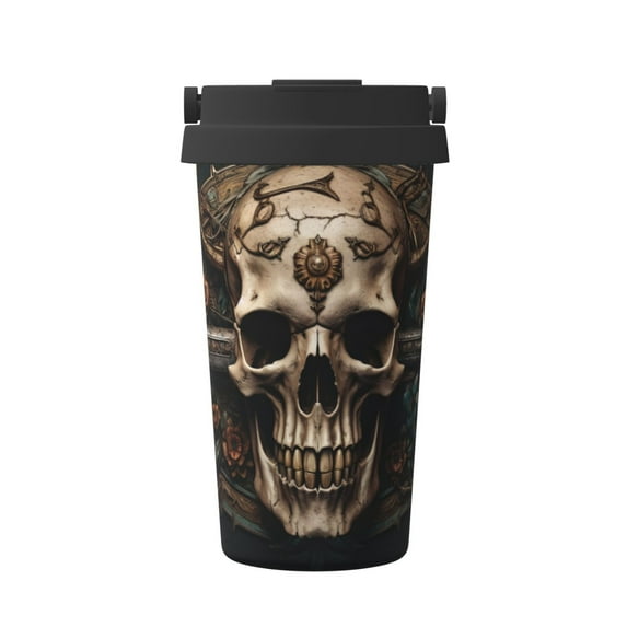 Gukieu Metal Style Horned Skull Print Insulated Coffee Cup, Portable Stainless Steel Vacuum Cup with Lid, Unisex, Suitable for Office, Cafe, Car