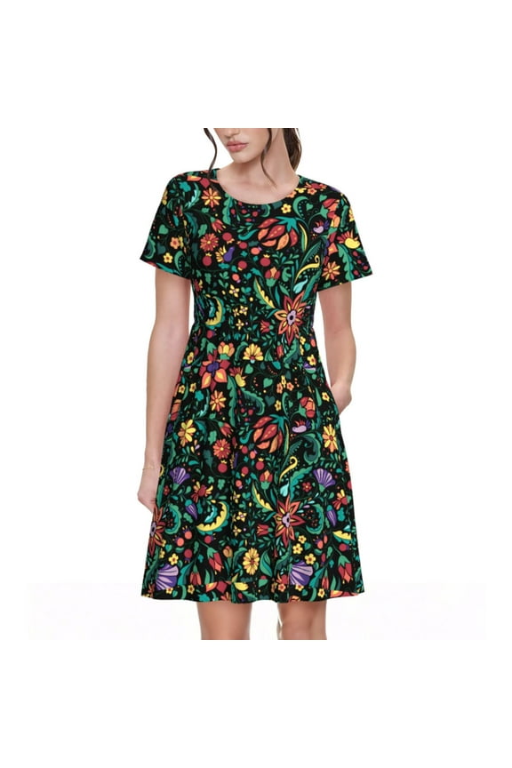Mexican Flower 1 Print Women's Short Sleeve Dress, Elastic Waistband A-line with Pockets Summer Dress, Suitable for Daily Leisure, Work, Vacation