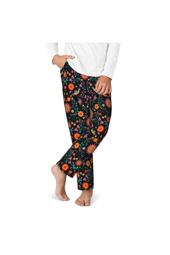 Mexican Flower And Birds Print Youth Home Trousers, Elastic Waistband with Pockets for Home and Outing, Suitable for Children Aged 5-16-Medium