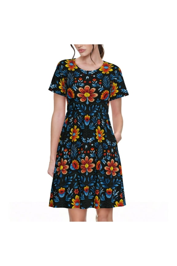 Mexican Flower Print Women's Short Sleeve Dress, Elastic Waistband A-line with Pockets Summer Dress, Suitable for Daily Leisure, Work, Vacation