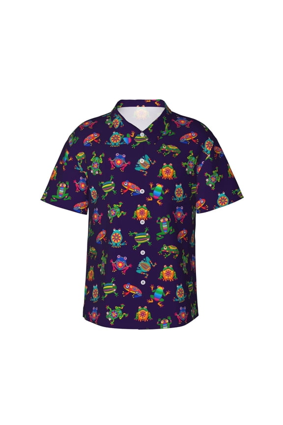 Mexican Frogs Print Men's Short-sleeved Shirts, Button-down Lapel Hawaiian Shirts, T-shirts, Beach Vacation Summer Casual Wear,Small