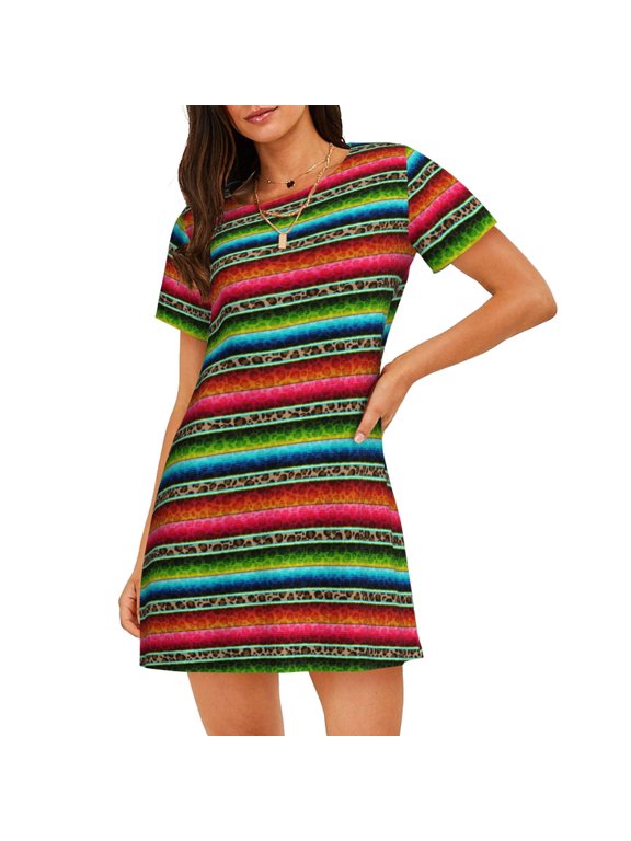 Mexican Leopard Serape Blanket Stripes Print Women's Nightgown, A-line Round Neck Short-sleeved Nightgown Pajamas Home Wear Suitable for Home and Outing