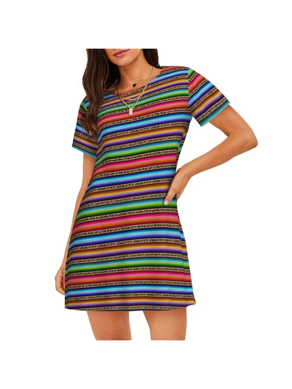 Mexican Leopard Serape Blanket Stripes Print Women's Nightgown, A-line Round Neck Short-sleeved Nightgown Pajamas Home Wear Suitable for Home and Outing