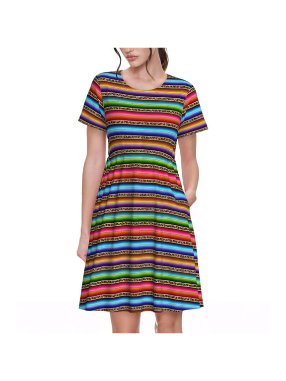 Mexican Leopard Serape Blanket Stripes Print Women's Short Sleeve Dress, Elastic Waistband A-line with Pockets Summer Dress, Suitable for Daily Leisure, Work, Vacation