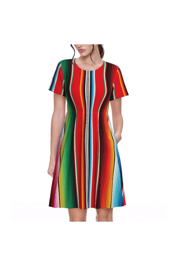 Mexican Serape Blanket Stripes Print Women's Short Sleeve Dress, Elastic Waistband A-line with Pockets Summer Dress, Suitable for Daily Leisure, Work, Vacation