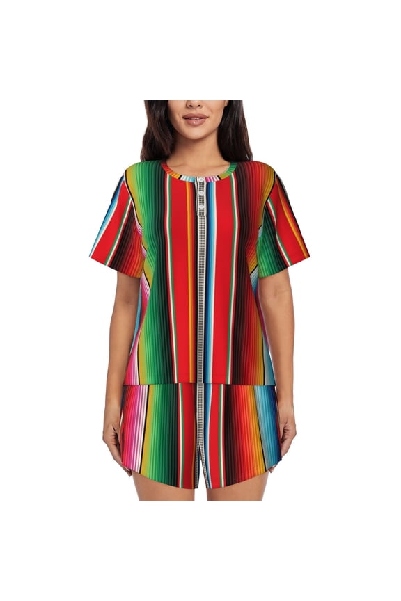 Mexican Serape Blanket Stripes Print Women's Short-sleeved Pajama Set, Round Neck Button Top Elastic Shorts 2-piece Set, Summer Home Leisure Clothing-X-Large