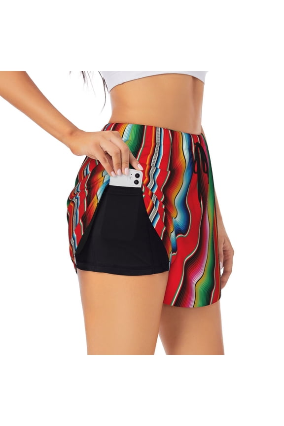 Mexican Serape Blanket Stripes Print Women's Sports Shorts with Drawstring Elastic Waistband for Running, Yoga, Fitness-Large