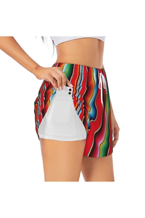 Mexican Serape Blanket Stripes Print Women's Sports Shorts with Drawstring Elastic Waistband for Running, Yoga, Fitness-X-Large