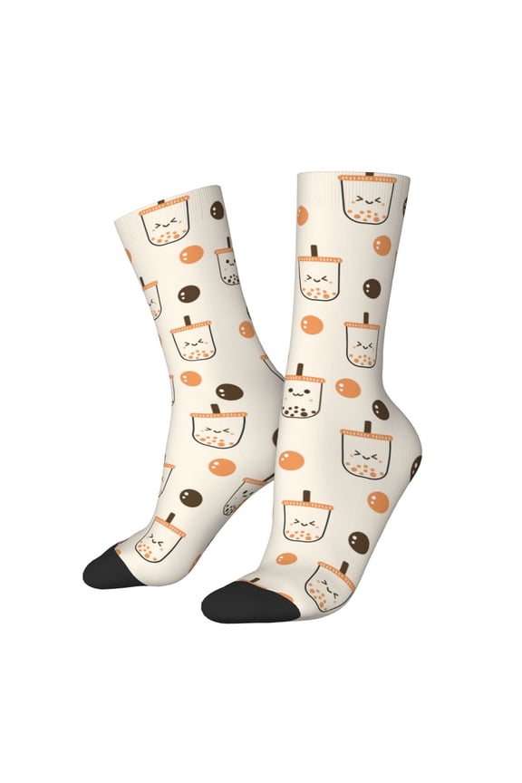 Milk Tea Print Contrast Color Mid-calf Socks, Sweat-wicking Athletic Socks, Unisex Clothing Accessories