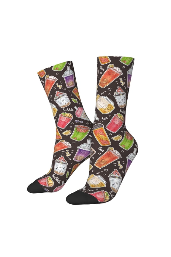 Milk Tea Print Contrast Color Mid-calf Socks, Sweat-wicking Athletic Socks, Unisex Clothing Accessories