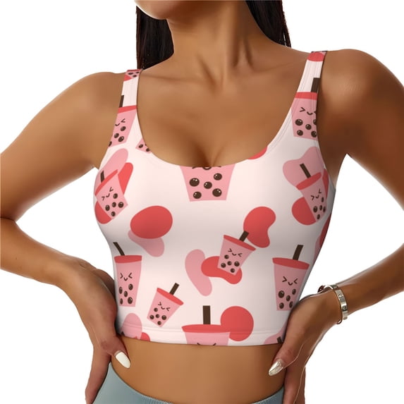 Gukieu Milk Tea1 Print Women's Sports Vest, Low-neck U-shaped Removable Pad Sports Bra for Yoga, Exercise, Dance-XX-Large