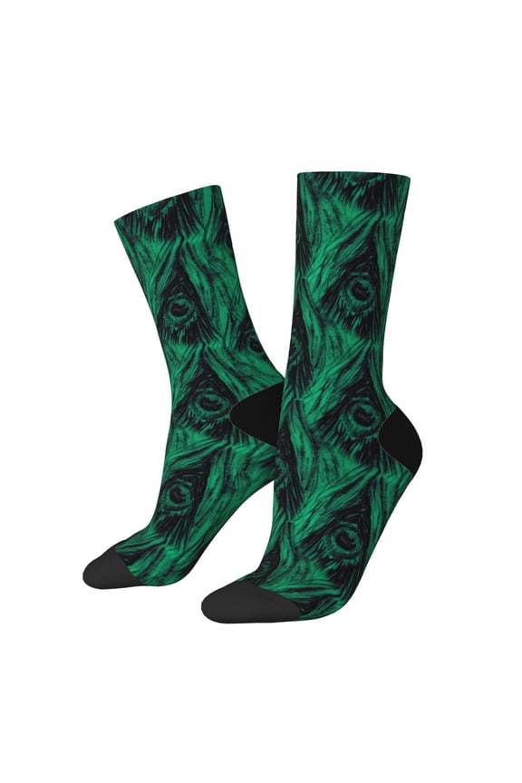 Mint Bird Feathers Print Contrast Color Mid-calf Socks, Sweat-wicking Athletic Socks, Unisex Clothing Accessories