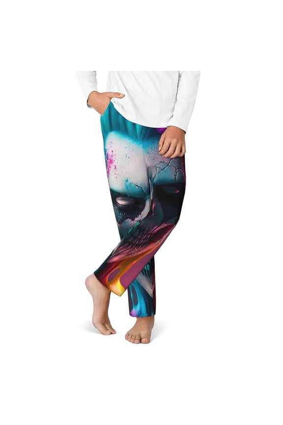 Modern Abstract Colorful Skull A Print Youth Home Trousers, Elastic Waistband with Pockets for Home and Outing, Suitable for Children Aged 5-16-Medium