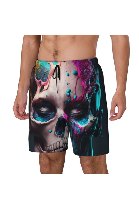 Modern Abstract Colorful Skull B Print Men's Double Layer Sports Swim Trunks, Quick Dry Adjustable Waist Swim Shorts Swimwear-Medium