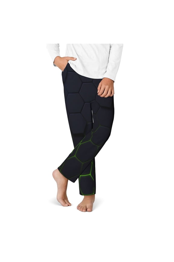 Modern Hexagonal Neon Grid Print Youth Home Trousers, Elastic Waistband with Pockets for Home and Outing, Suitable for Children Aged 5-16-Small
