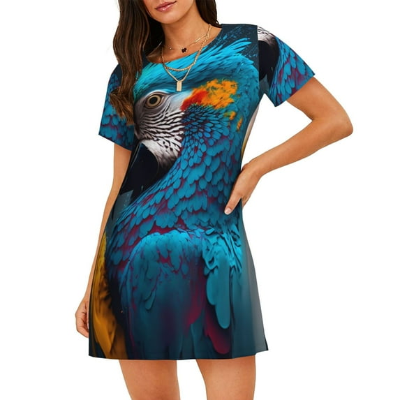Gukieu Modern Style Blue Parrot Print Women's Nightgown, A-line Round Neck Short-sleeved Nightgown Pajamas Home Wear Suitable for Home and Outing