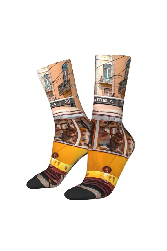 Modern Urban Monkey Print Contrast Color Mid-calf Socks, Sweat-wicking Athletic Socks, Unisex Clothing Accessories