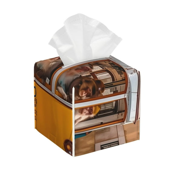 Gukieu Modern Urban Monkey Print Leather Tissue Box, PVC Waterproof Velcro Opening and Closing Square Tissue Box Holder, Suitable for Home and Office Decoration