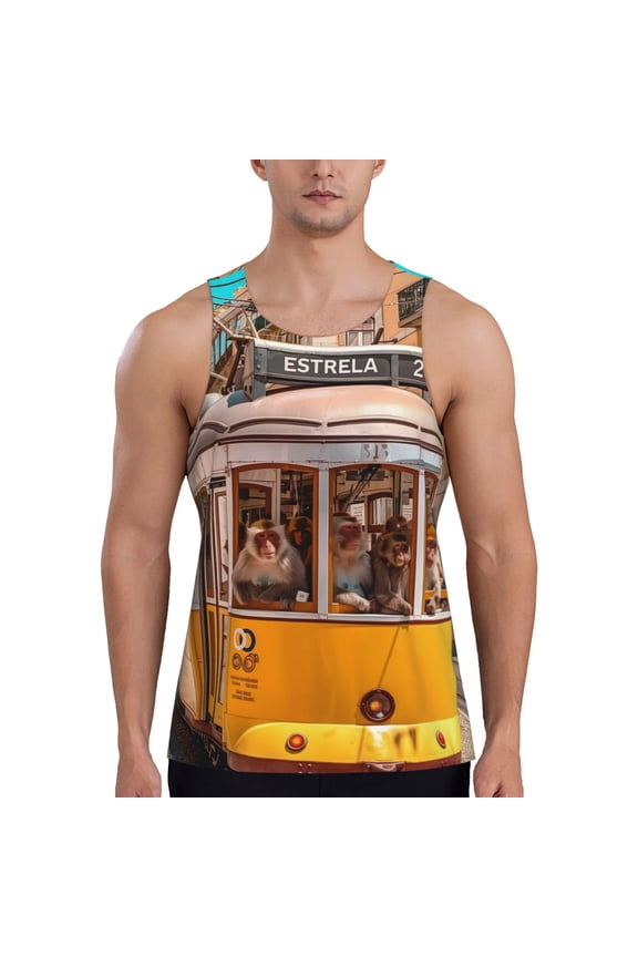 Modern Urban Monkey Print Men's Quick Dry Fitness Vest, Round Neck Sleeveless Fitness Bodybuilding Top-Small