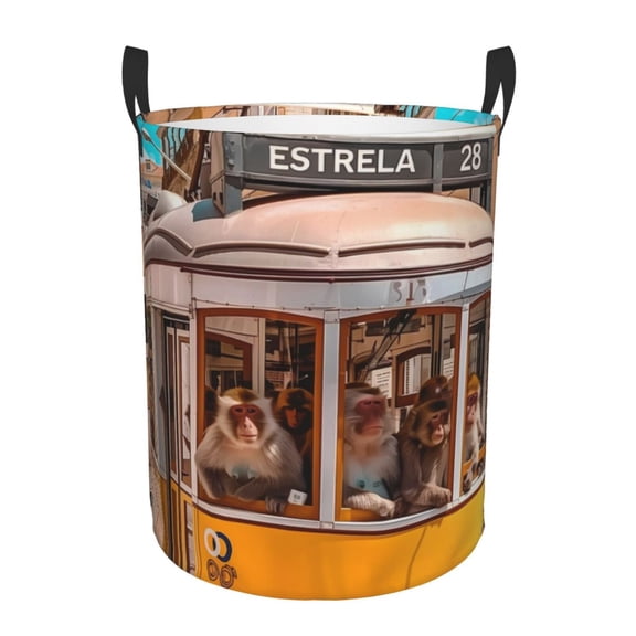 Gukieu Modern Urban Monkey Print Round Dirty Clothes Bag, Waterproof Standing Home Bathroom Storage Basket Car Trunk Storage Bag-Medium