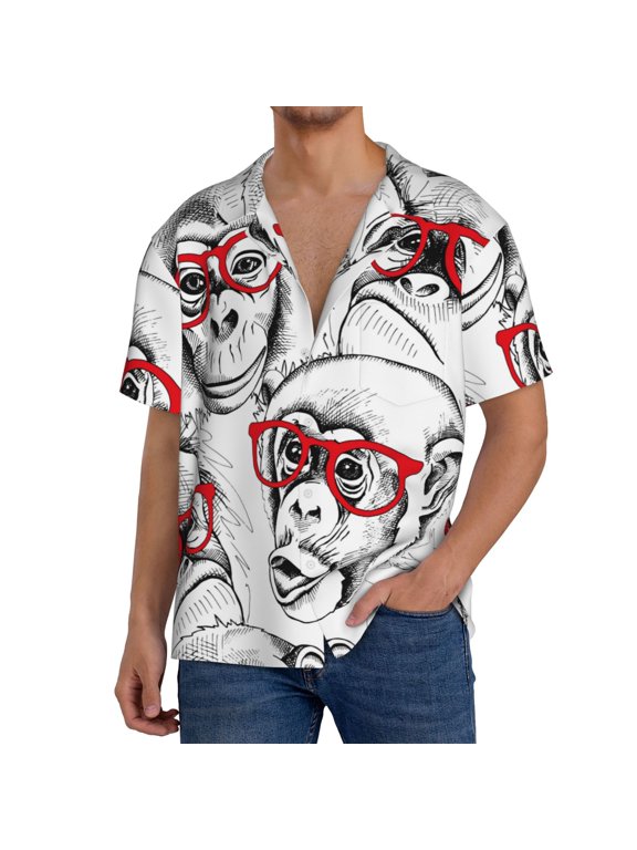 Monkey Print Men's Short-sleeved Shirts, Button-down Pocket Shirts, T-shirts, Beach Vacation Travel Summer Clothing-X-Large