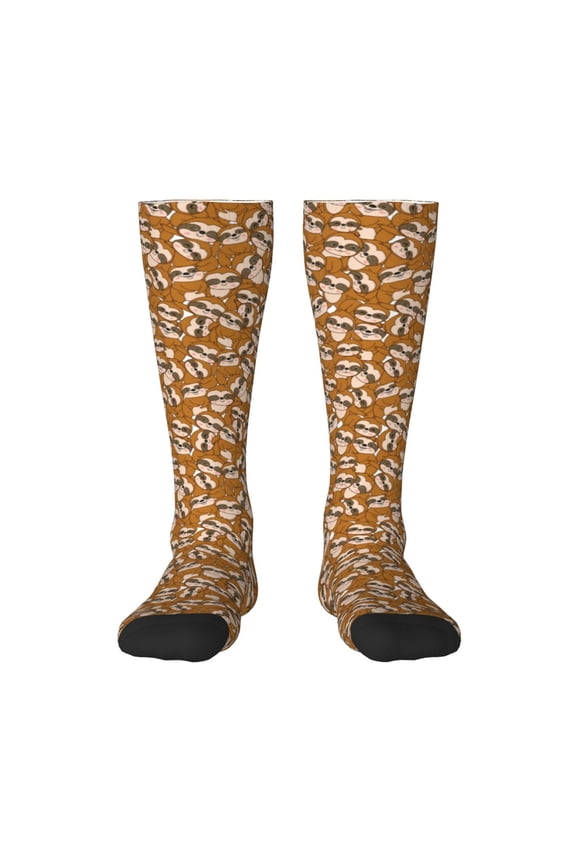 Monkey Sloth Print Contrast Color Stockings, Elastic Sports Socks Warm Socks Clothing Accessories, Adult Unisex