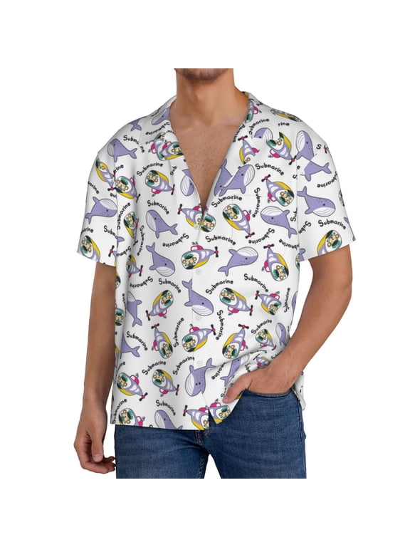Monkey Submarine Captain Print Men's Short-sleeved Shirts, Button-down Pocket Shirts, T-shirts, Beach Vacation Travel Summer Clothing-Medium