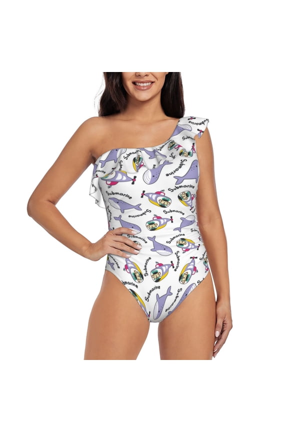 Monkey Submarine Captain Print One-shoulder Ruffled One-piece Swimsuit with Removable Chest Pads and Tummy-control Swimsuit for Women-Medium