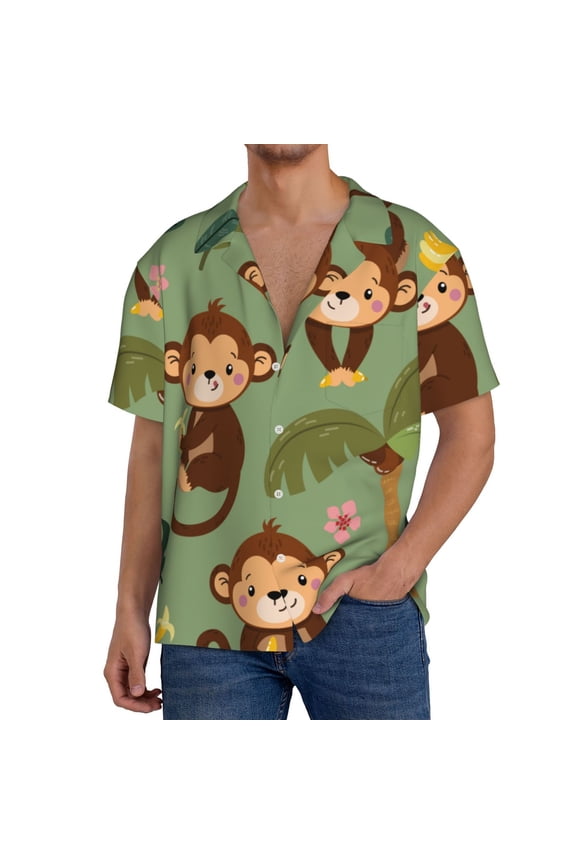 Monkeys Swinging from Palms Print Men's Short-sleeved Shirts, Button-down Pocket Shirts, T-shirts, Beach Vacation Travel Summer Clothing-4X-Large