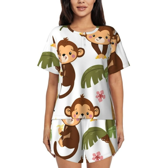 Gukieu Monkeys Swinging from Palms Print Women's Short-sleeved Pajama Set, Round Neck Button Top Elastic Shorts 2-piece Set, Summer Home Leisure Clothing-Medium