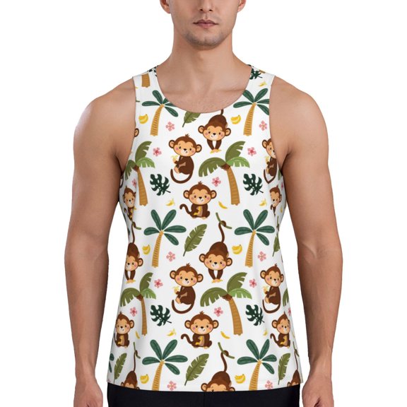 Gukieu Monkeys Swinging from Palms Print Men's Quick Dry Fitness Vest, Round Neck Sleeveless Fitness Bodybuilding Top-Small