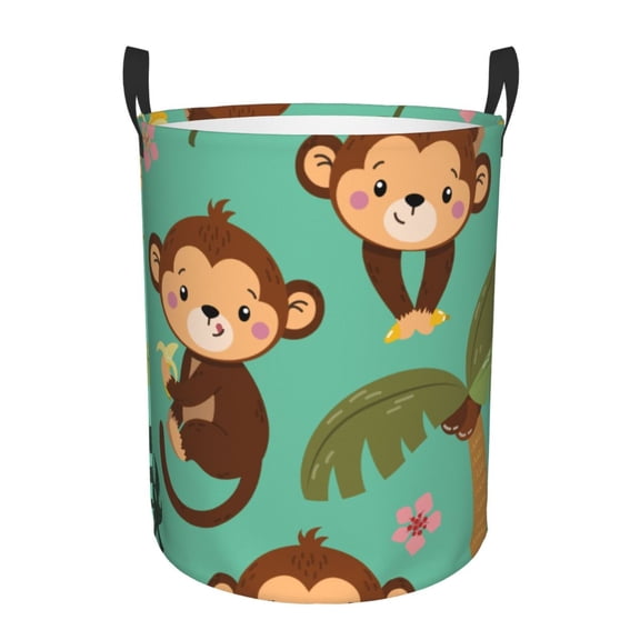 Gukieu Monkeys Swinging from Palms Print Round Dirty Clothes Bag, Waterproof Standing Home Bathroom Storage Basket Car Trunk Storage Bag-