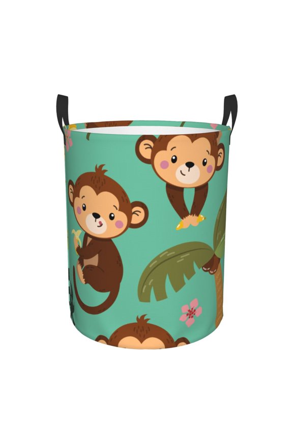 Monkeys Swinging from Palms Print Round Dirty Clothes Bag, Waterproof Standing Home Bathroom Storage Basket Car Trunk Storage Bag-