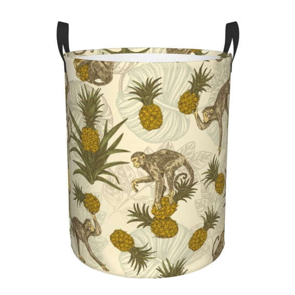 Gukieu Monkeys and Pinealpples Print Round Dirty Clothes Bag, Waterproof Standing Home Bathroom Storage Basket Car Trunk Storage Bag-Medium
