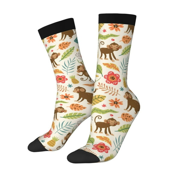 Gukieu Monkeys in the Jungle Print Contrast Color Mid-calf Socks, Sweat-wicking Athletic Socks, Unisex Clothing Accessories