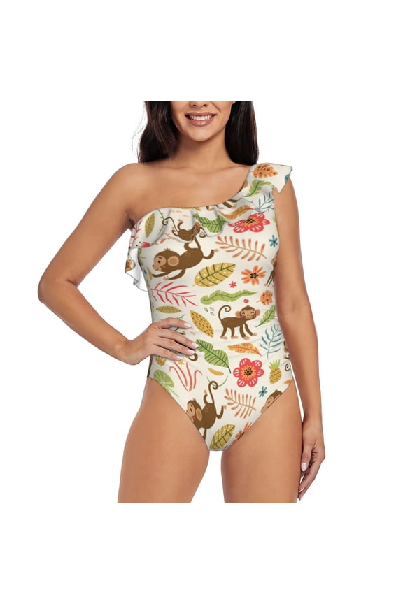 Monkeys in the Jungle Print One-shoulder Ruffled One-piece Swimsuit with Removable Chest Pads and Tummy-control Swimsuit for Women-X-Large