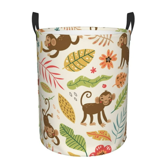 Gukieu Monkeys in the Jungle Print Round Dirty Clothes Bag, Waterproof Standing Home Bathroom Storage Basket Car Trunk Storage Bag-