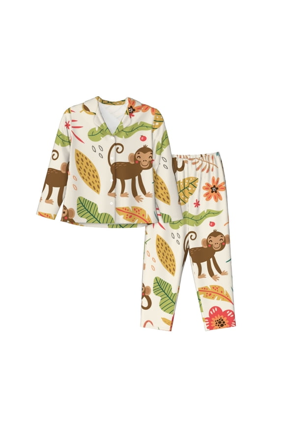 Monkeys in the Jungle Print Women's Long Sleeve Pajama Set, Button Top Elastic Pocket Pajama Pants Two Piece Set Home Wear-X-Large