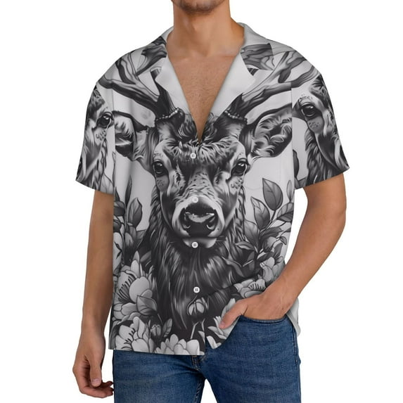 Gukieu Monochrome Deer Floral Print Men's Short-sleeved Shirts, Button-down Pocket Shirts, T-shirts, Beach Vacation Travel Summer Clothing-X-Large