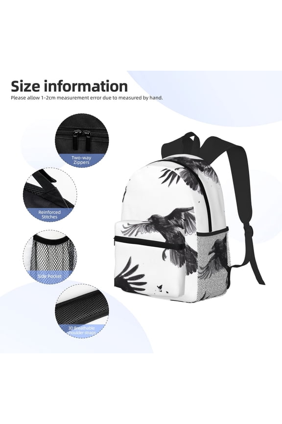 Monochrome Flying Ravens Print Backpack, Waterproof Backpack with Adjustable Shoulder Straps, Suitable for Campus, Business, Travel, Unisex